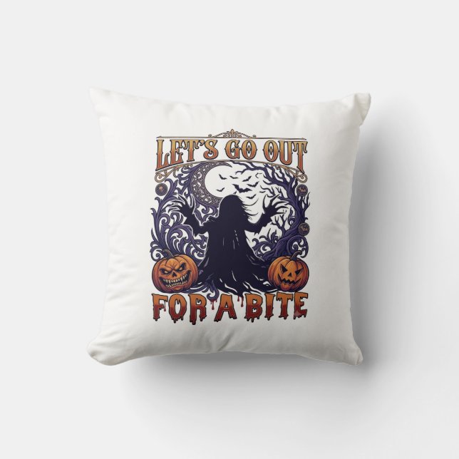 Lets Go Out Bite Ghost Pumpkins Bats Moon Throw Pillow (Front)