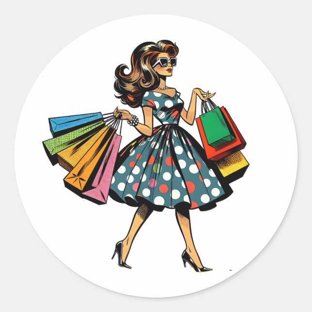 Let's Go Shopping! Funny Woman with Bags Classic Round Sticker (Front)