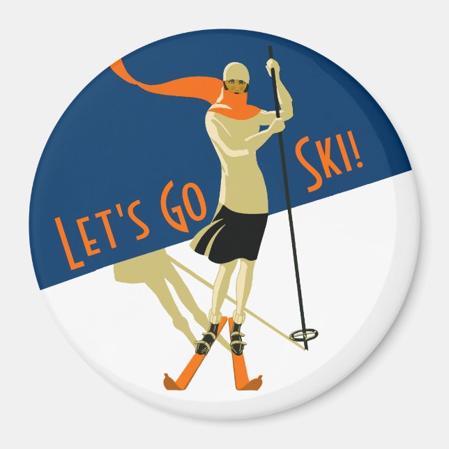 Let's Go Ski! Vintage Design Skiers Magnet (Front)