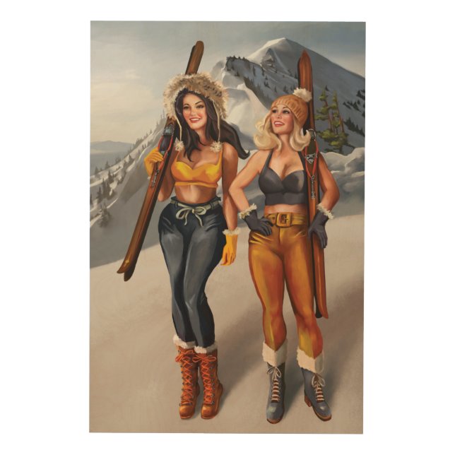 "Let's Go Skiing" Pretty, Retro Pinup Girls Wood Wall Art (Front)