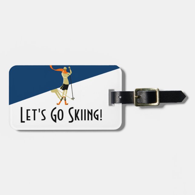 Let's Go Skiing! Vintage Design Skiers Luggage Tag (Front Horizontal)