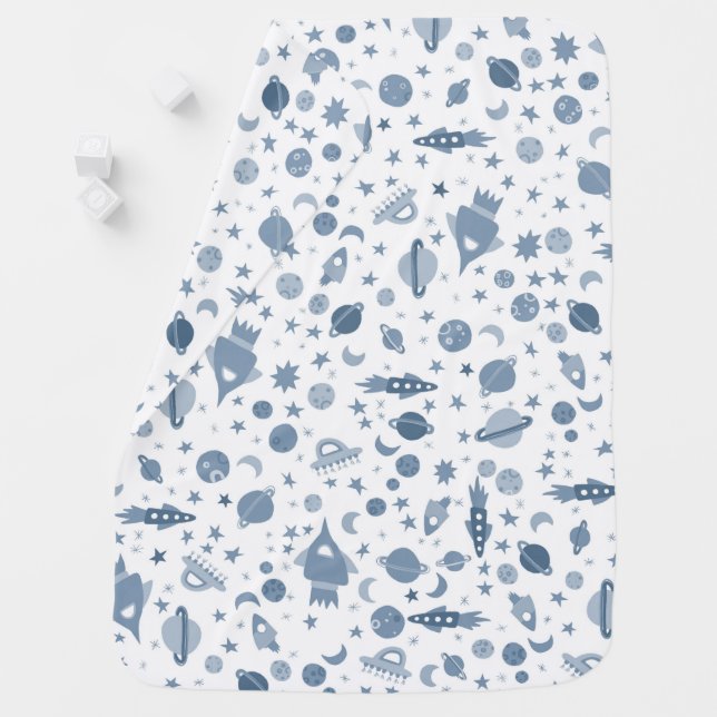 Let's Go to Space Blue White CUSTOMIZABLE Baby Blanket (In Situ)