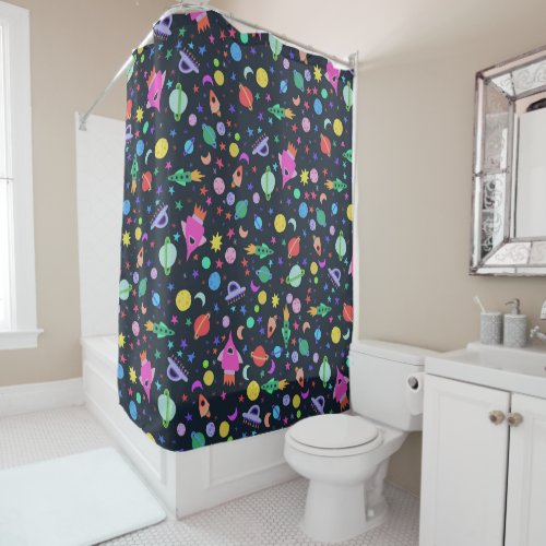 Lets Go to Space Navy Blue Pattern Shower Curtain