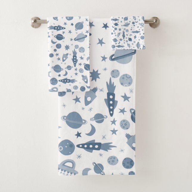 Let's Go to Space Pattern UFO Blue White Bath Towel Set (Insitu)