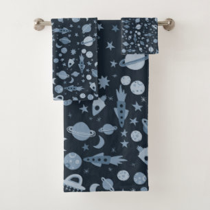 Let's Go to Space Pattern UFO Deep Blue Bath Towel Set