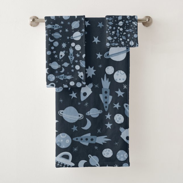 Let's Go to Space Pattern UFO Deep Blue Bath Towel Set (Insitu)