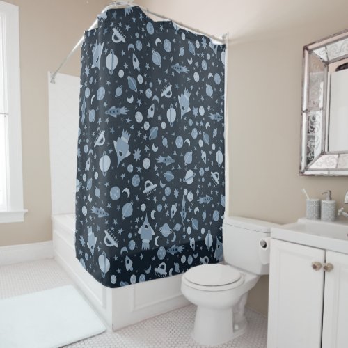Lets Go to Space UFO Pattern Deep Blue Shower Curtain