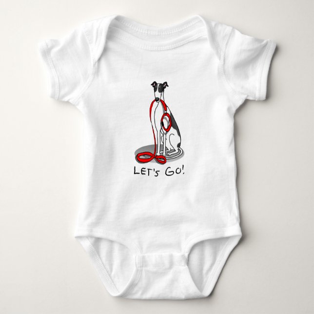 Let's Go! (walk) Greyhound Dog (black white) Funny Baby Bodysuit (Front)