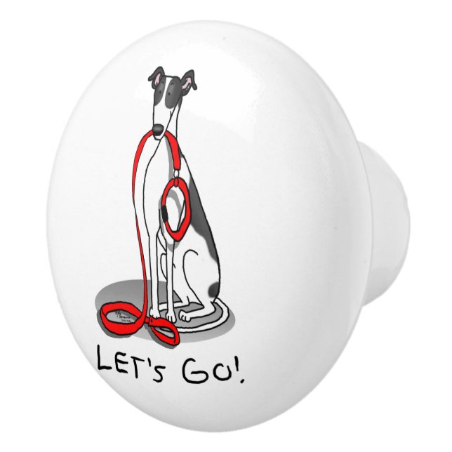 Let's Go! (walk) Greyhound Dog (black white) Funny Ceramic Knob (Right)