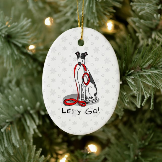 Let's Go! (walk) Greyhound Dog (black white) Funny Ceramic Ornament (Tree)