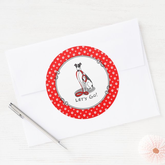Let's Go! (walk) Greyhound Dog (black white) Funny Classic Round Sticker (Envelope)