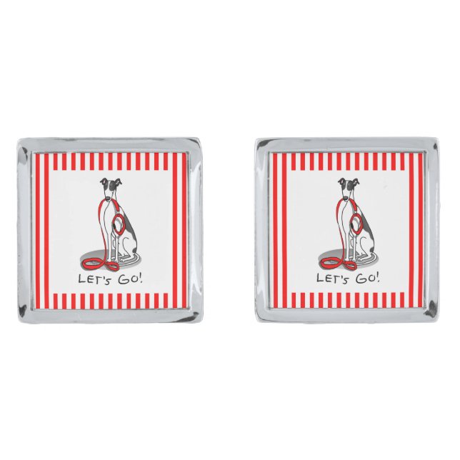 Let's Go! (walk) Greyhound Dog (black white) Funny Cufflinks (Front)