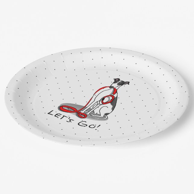 Let's Go! (walk) Greyhound Dog (black white) Funny Paper Plates (Angled)