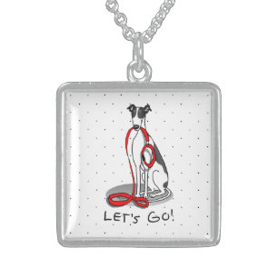 Let's Go! (walk) Greyhound Dog (black white) Funny Sterling Silver Necklace