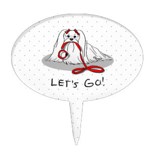 Let's Go! (walk) Maltese Dog with Red Leash Cute F Cake Topper