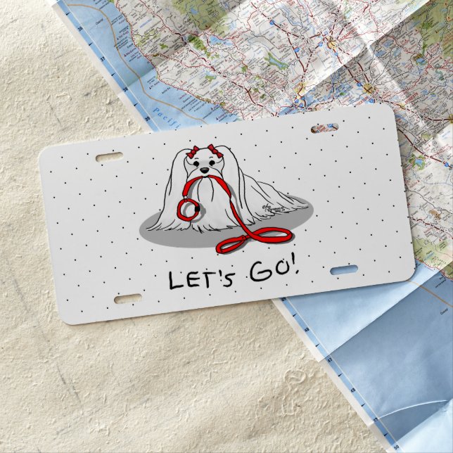 Let's Go! (walk) Maltese Dog with Red Leash Cute F License Plate (In Situ)