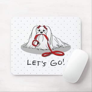 Let's Go! (walk) Maltese Dog with Red Leash Cute F Mouse Pad