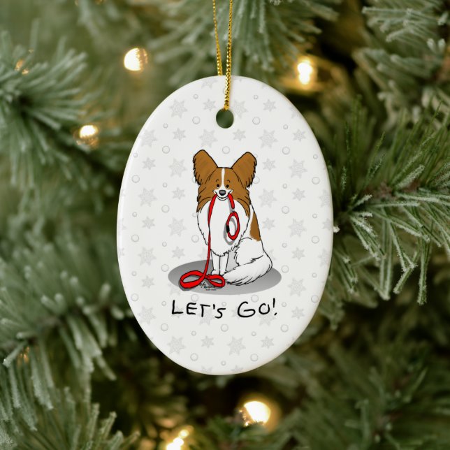 Let's Go! (walk) Papillon (white & red) Dog Cute Ceramic Ornament (Tree)
