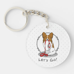 Let's Go! (walk) Papillon (white & red) Dog Cute Keychain