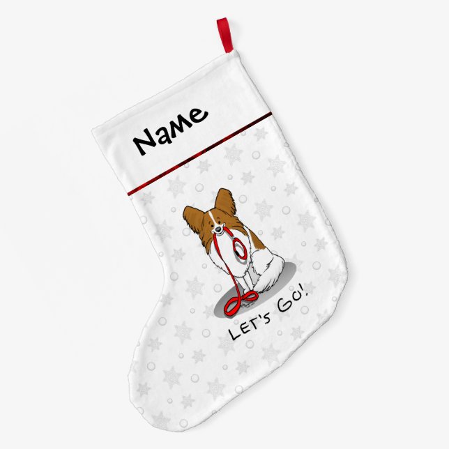 Let's Go! (walk) Papillon (white & red) Dog Cute Large Christmas Stocking (Back (Hanging))