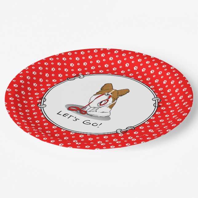 Let's Go! (walk) Papillon (white & red) Dog Cute Paper Plates (Angled)