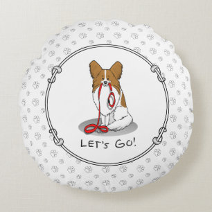 Let's Go! (walk) Papillon (white & red) Dog Cute Round Pillow