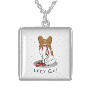Let's Go! (walk) Papillon (white & red) Dog Cute Sterling Silver Necklace