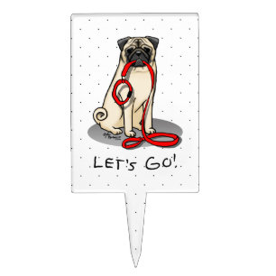 Let's Go! (walk) Pug Dog (light fawn) Leash Cute Cake Topper