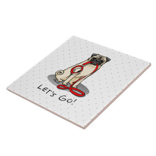 Let's Go! (walk) Pug Dog (light fawn) Leash Cute Ceramic Tile