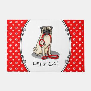 Let's Go! (walk) Pug Dog (light fawn) Leash Cute Doormat