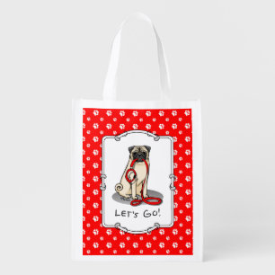 Let's Go! (walk) Pug Dog (light fawn) Leash Cute Grocery Bag