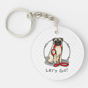 Let's Go! (walk) Pug Dog (light fawn) Leash Cute Keychain
