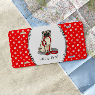Let's Go! (walk) Pug Dog (light fawn) Leash Cute License Plate