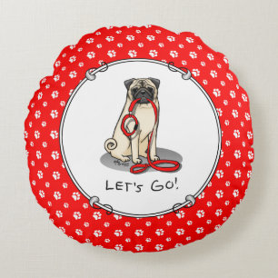 Let's Go! (walk) Pug Dog (light fawn) Leash Cute Round Pillow