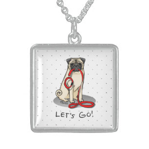 Let's Go! (walk) Pug Dog (light fawn) Leash Cute Sterling Silver Necklace