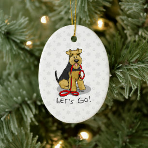 Let's Go! Welsh Terrier Dog with red leash Funny Ceramic Ornament