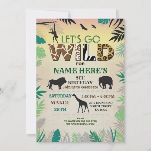 Lets Go Wild Jungle Birthday Party Safari ZOO Invitation