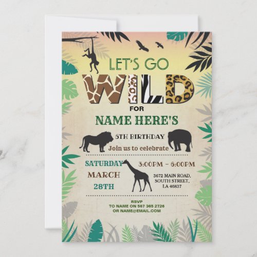 Lets Go Wild Jungle Birthday Party Safari ZOO Invitation