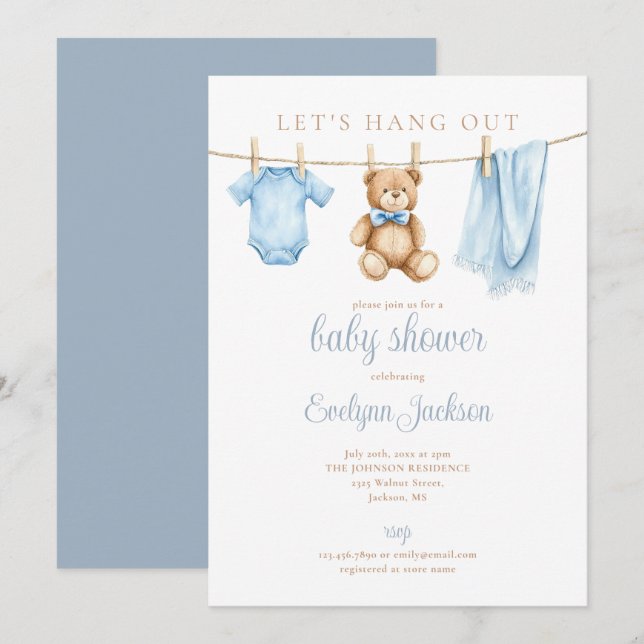 Let's Hang Out Blue Boy Clothesline Baby Shower Invitation (Front/Back)