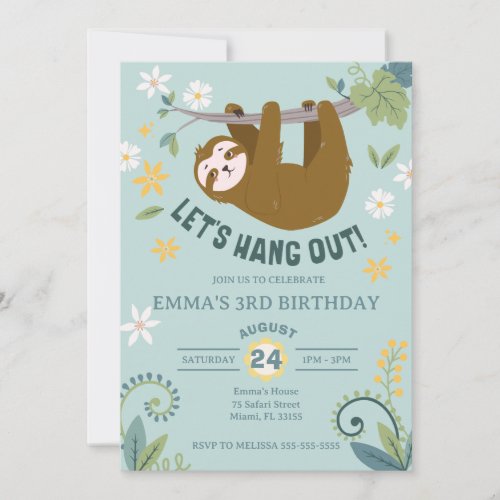 Lets Hang Out Jungle Sloth Birthday Invitation