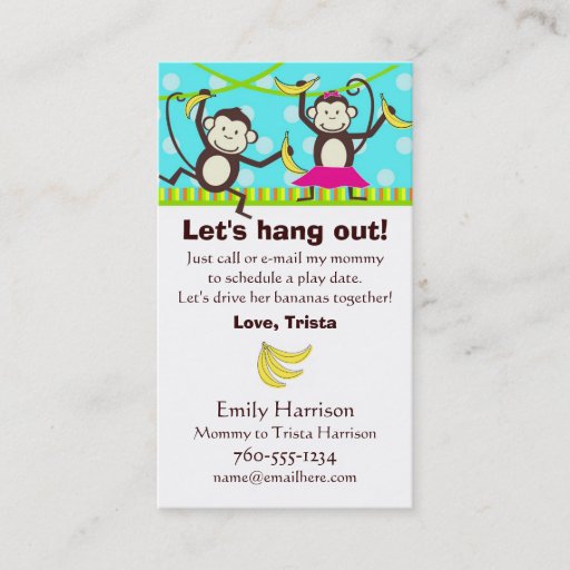 Customizable Let's Hang Out, Monkey Play Date Cards Business Cards