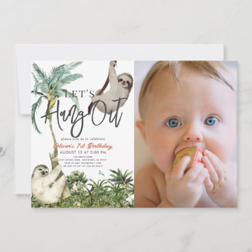 Lets Hang Out Sloth Jungle 1st Birthday Photo Invitation