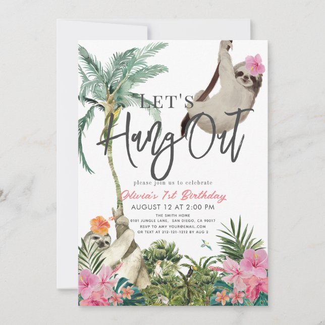 Let's Hang Out Sloth Jungle Girl 1st Birthday Invitation (Front)
