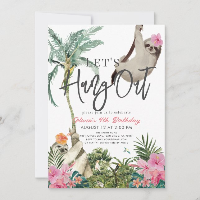 Let's Hang Out Sloth Jungle Girl Birthday Invitation (Front)