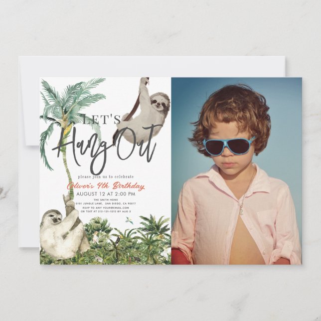 Let's Hang Out Sloth Jungle Kids Birthday Photo Invitation (Front)