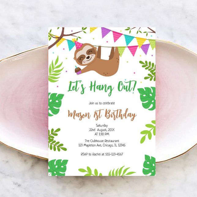 Let's Hang Out Sloth Kids Birthday Invitation (Creator Uploaded)