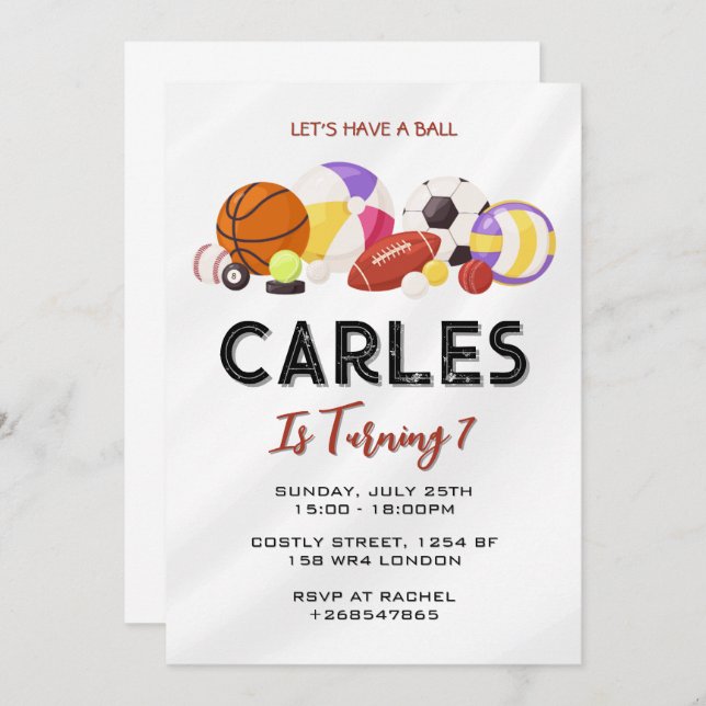 Lets Have a Ball Sports Birthday for Kids Invitation (Front/Back)