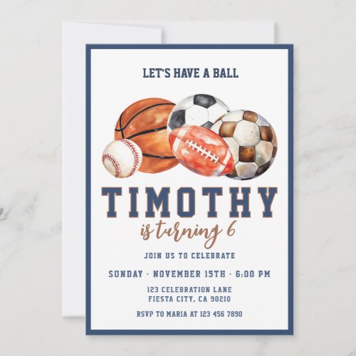 Lets Have a Ball Sports Party Birthday Invitation