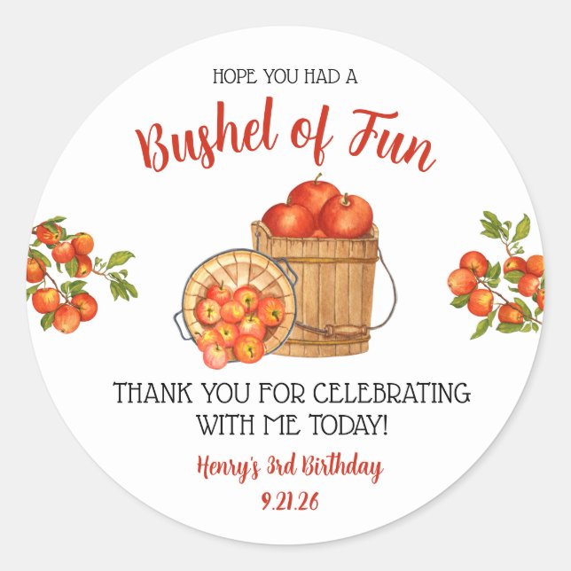 Let's Have a Bushel of Fun!  Apple Birthday Party Classic Round Sticker (Front)