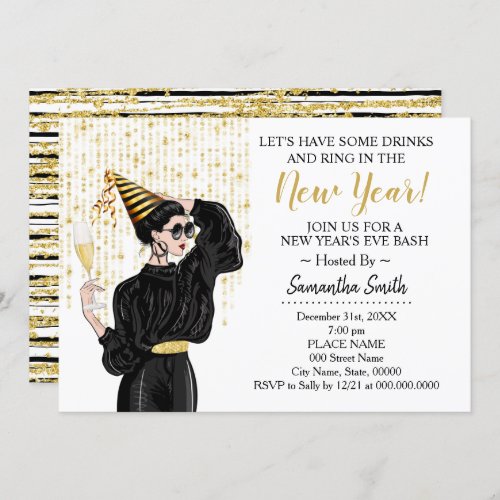 Lets Have a Drink to Ring In The New Year Glitter Invitation